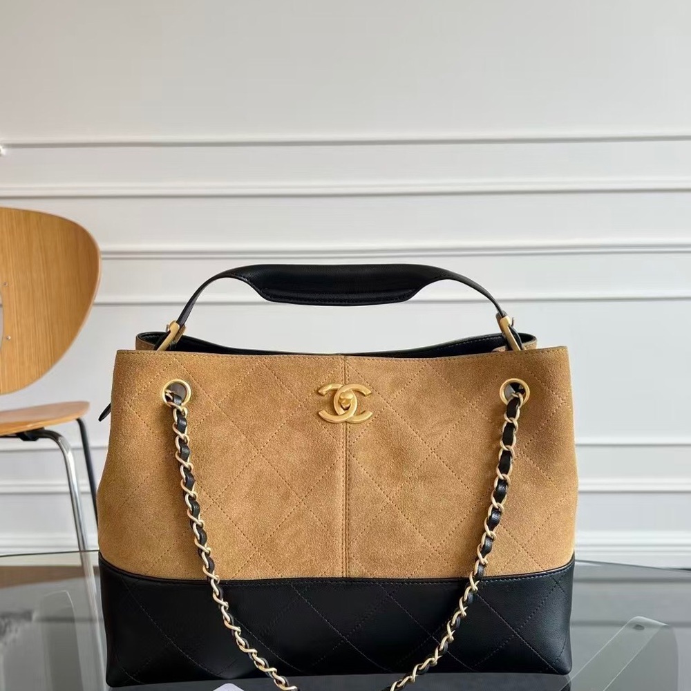 Chanel Two-Tone Camel Suede and Black Leather Shoulder Bag